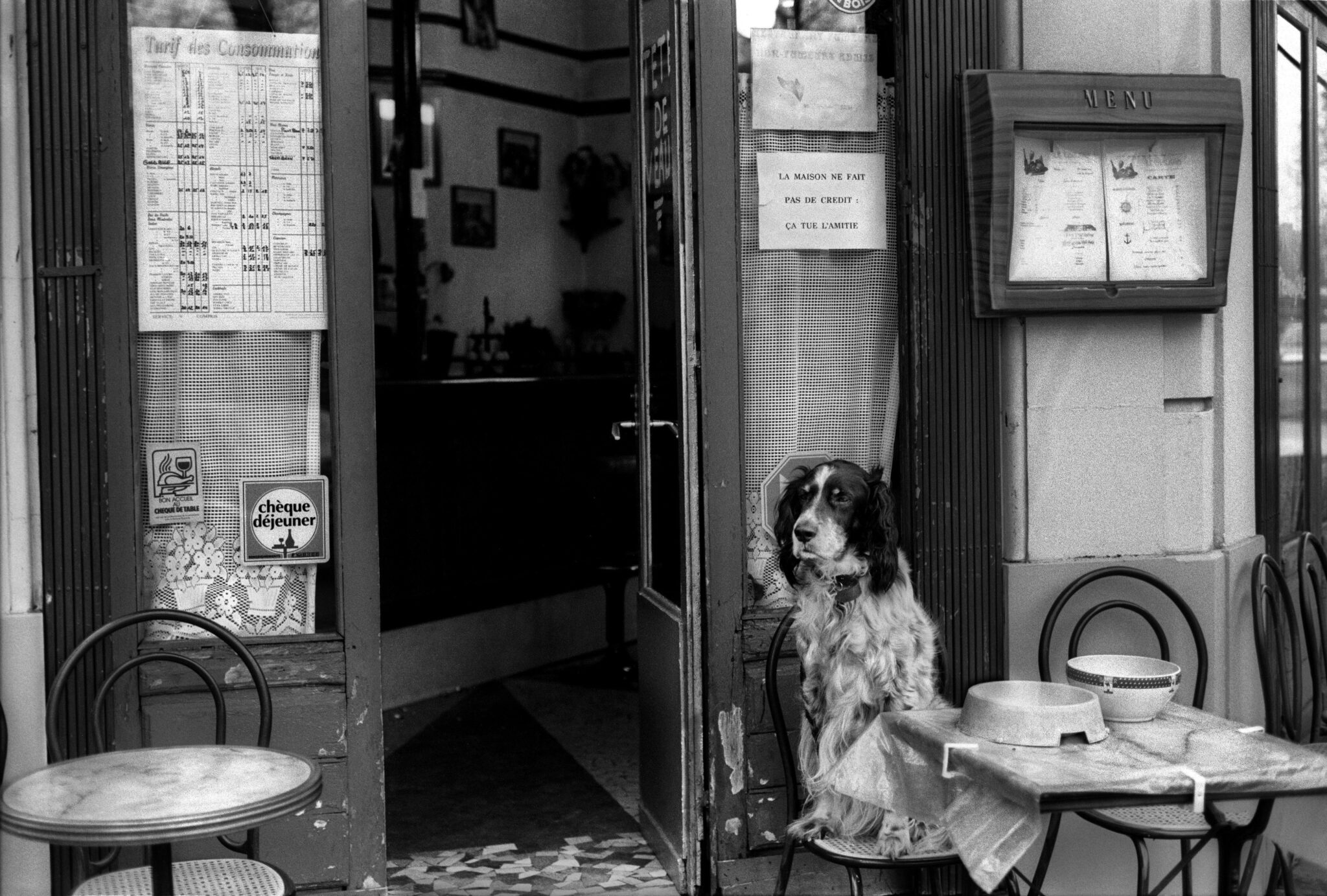 A warm Parisian cafe exterior with a cute dog sitting patiently beside a table. Black and white image.